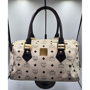 MCM Vintage Cream Leather Coated Canvas Boston Satchel Shoulder Bag